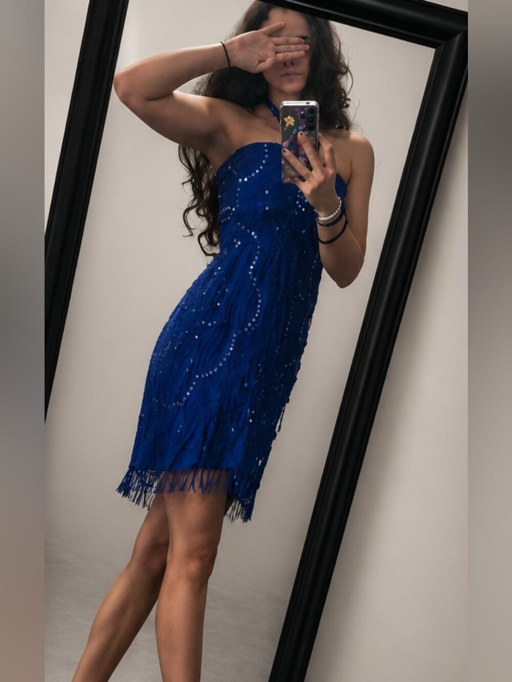 Strapless Cobalt Blue Sequin Fringe Party Dress